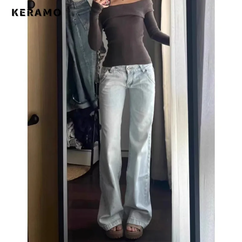 Light Blue Low Waist Jeans Woman Streetwear American Vintage Denim Pants Female Casual Washed Straight Pantalons Mujer Fall 2024