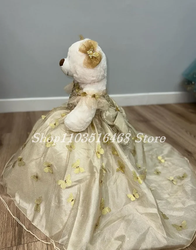 Personalised Quinceanera Teddy Bear Dress Champagne Glitter Elegant Floral Embroidered Sequin Applique Special Links