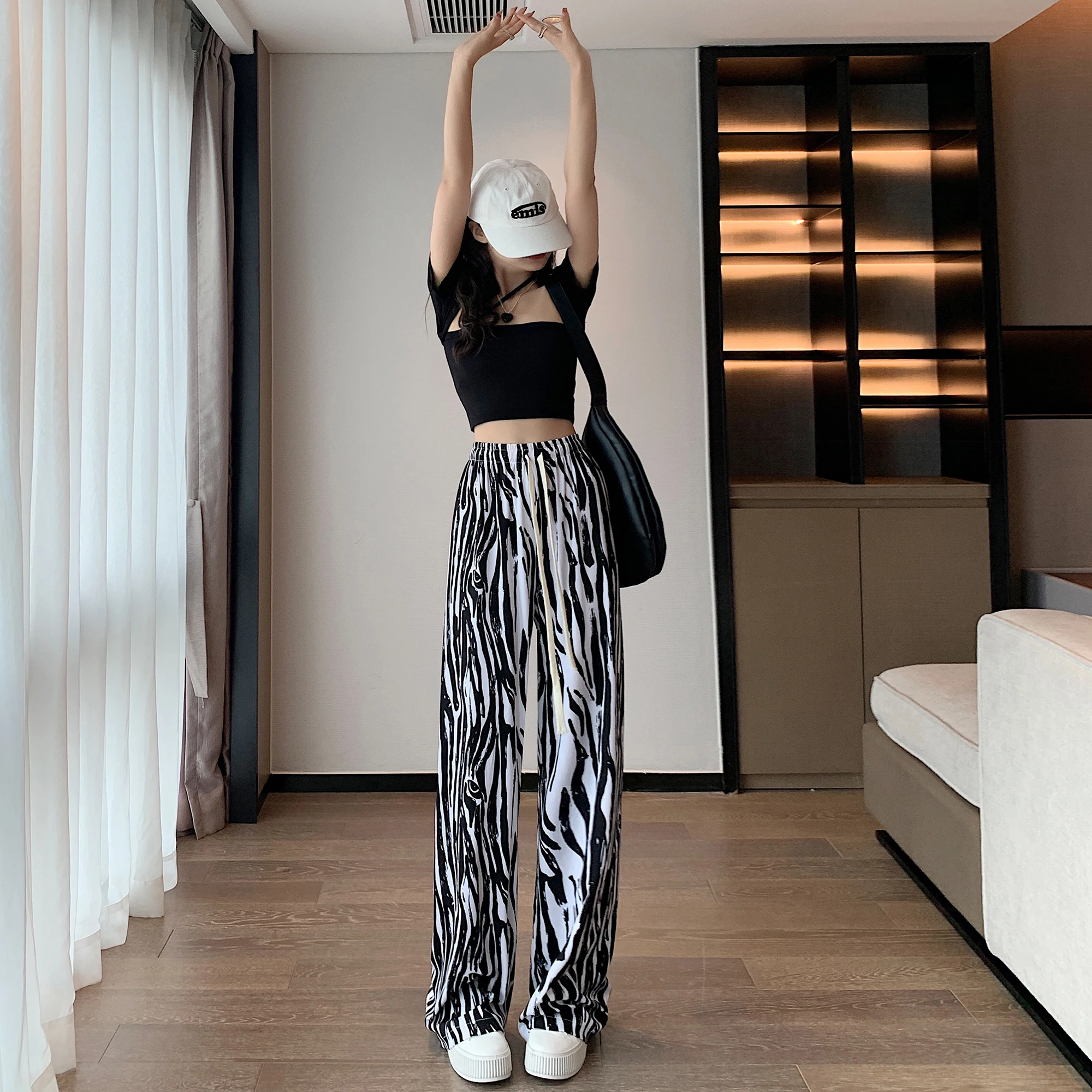 

Drawstring Straight Wide Leg Pants Women Summer High Waist Zebra Printed Casual Loose Pants Korean Palazzo Trousers Black