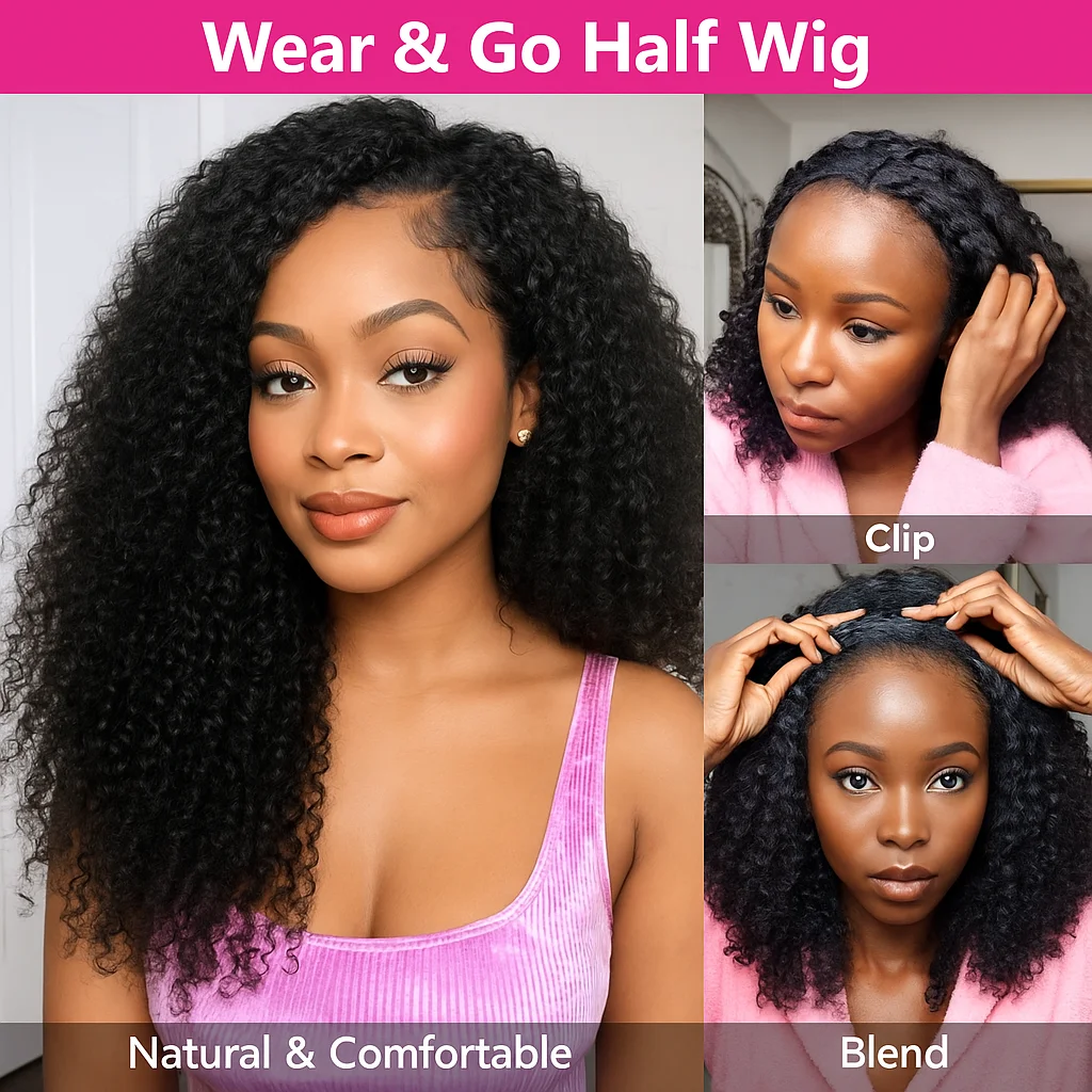 

Half Wigs Human Hair Kinky Curly 3 IN 1 Half Wig With Drawstring Seamless Clip Ins Flip Over Wig Deep Wave Half Headband Wigs