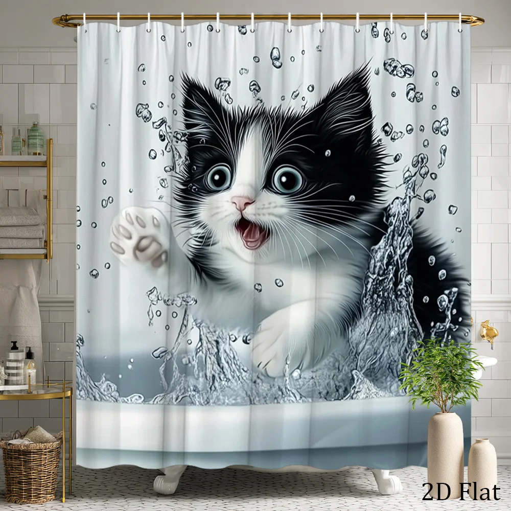 Splashing Cat Shower Curtain Kitten Playing in Water Print Waterproof Polyester Bathroom Decor Bath Curtain