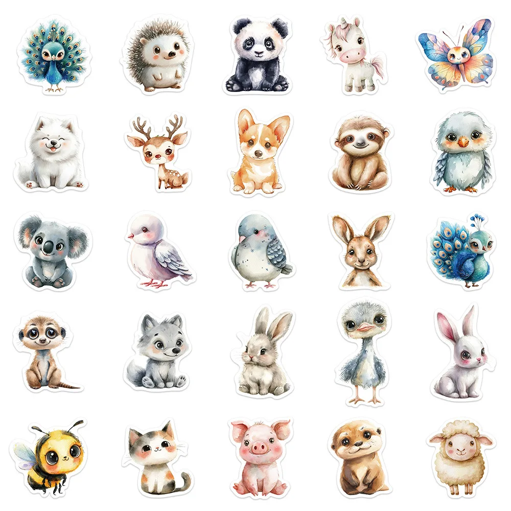 50 Uds. De pegatinas de grafiti de animales de acuarela, dibujos animados DIY, monopatín, funda de teléfono, portátil, pegatinas geniales impermeables, juguete