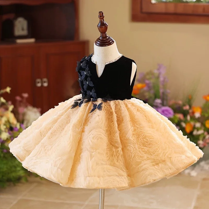 Jill Wish Elegant Champagne Flower Girl Dress Princess Toddler Kids Wedding 1st Birthday Pageant Party Holiday Ball Gown J421