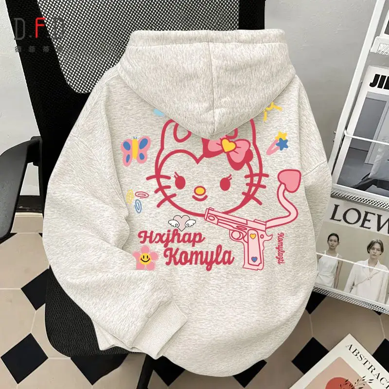 Hot Sanrio Hellokitty Hooded Sweatshirt for Girls Autumn Winter Winter Loose Plus Velvet and Thickened Couple Wear Casual Jacket