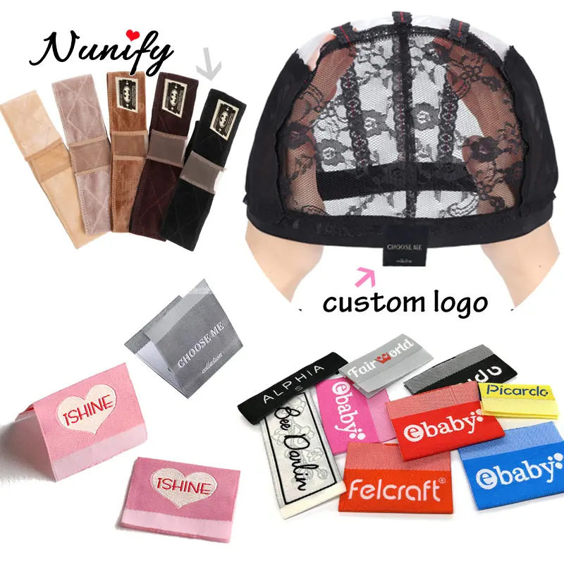 Nunify Logo Label Kain Jahit Kustom untuk Wig Merek Pribadi untuk Topi Wig Label Wig Tenun Label Ekstensi Rambut Tag Lipat Teks