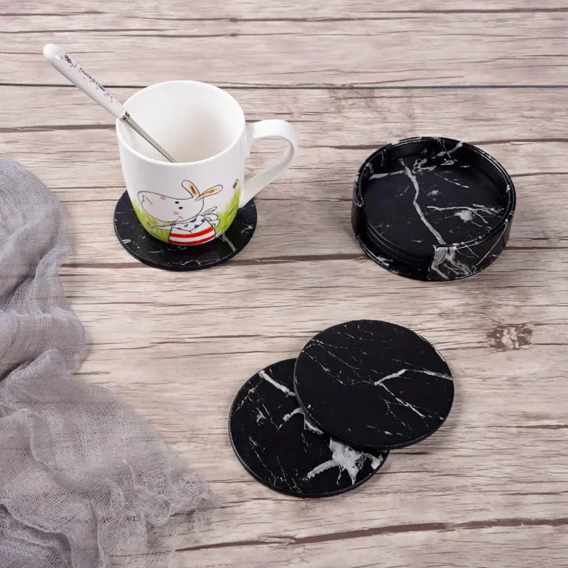 6pcs Heat-resistant Marbling PU Leather Coaster Set Drink Coffee Cup Mat Black White Round Tea Pad Table Easy to Clean Placemats