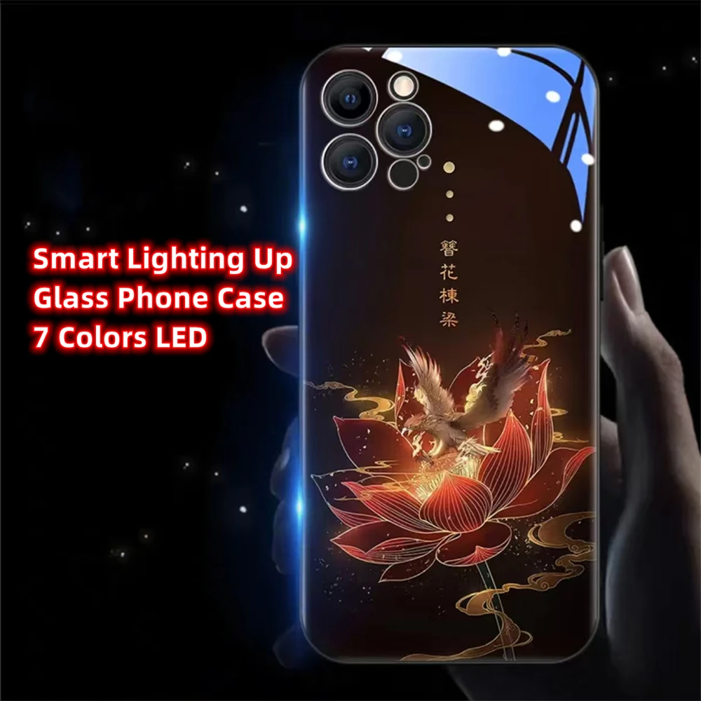 

Pretty Hairpin Flower Smart LED Light Glow Tempered Glass Phone Case For iPhone 15 14 13 12 11 Pro Max X XR XS Plus 7 8 SE2020