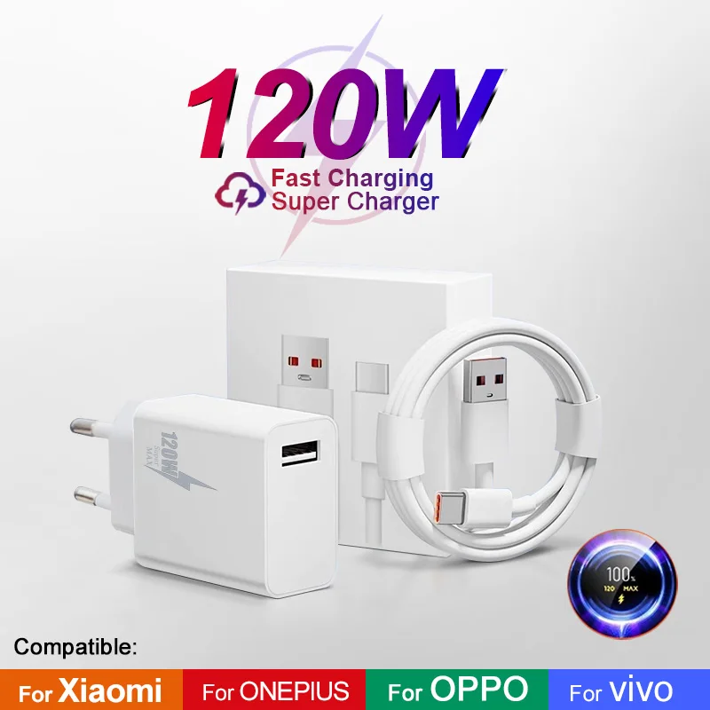 120W USB Charger Super Fast Charge Wall Charger Quick Charge USB C Cable Phone Adapter For Xiaomi Re