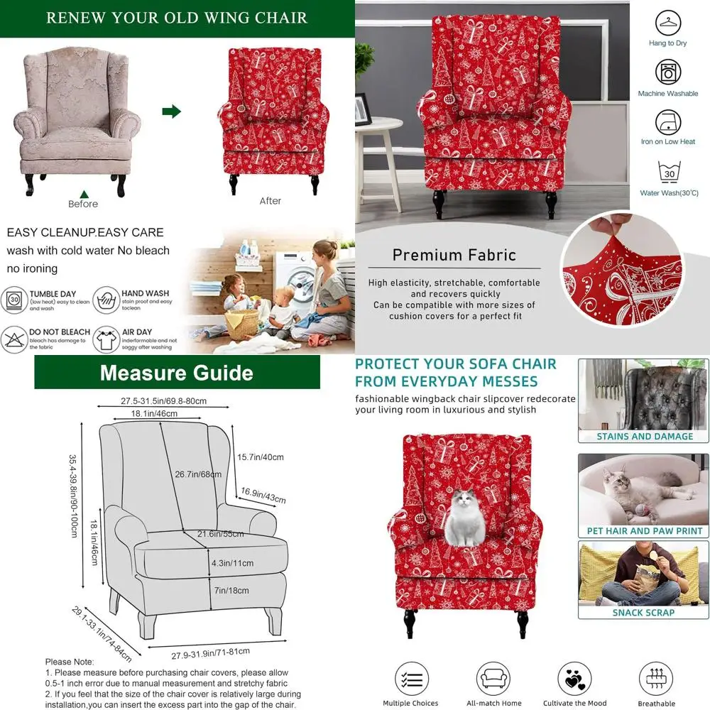 

Christmas Wingback Chair Covers - 2 Piece Stretch Polyester Slipcovers for Living Room Wingback Chairs