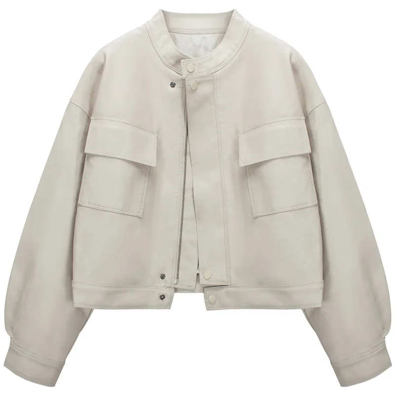 女性用ショートレザージャケット、秋冬新作、ゆったりとしたPUコート、多用途でスタイリッシュなカジュアル、ラウンドネック、長袖、無地