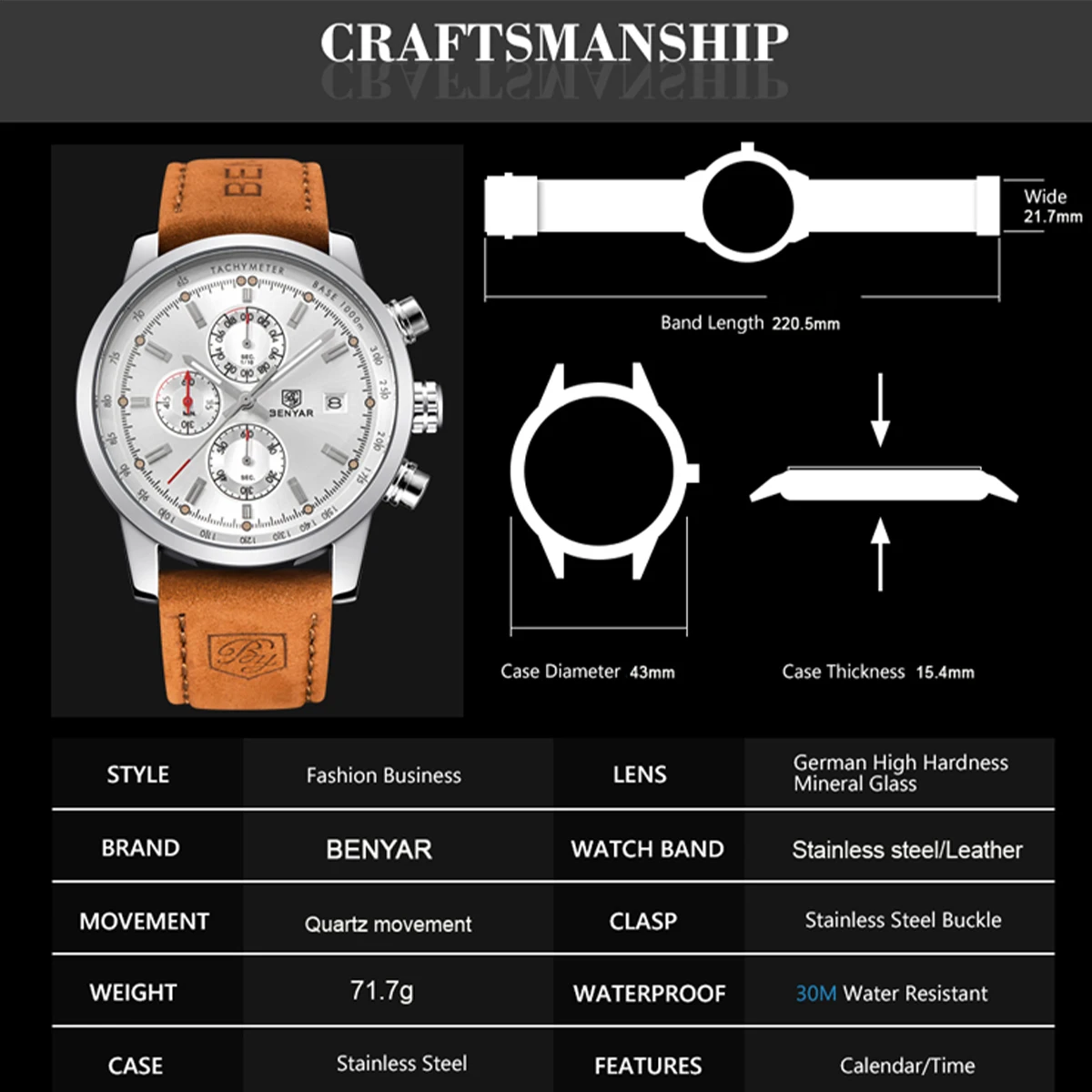 BENYAR موضة كرونوغراف رياضة رجالي ساعات العلامة التجارية الفاخرة ساعة كوارتز Reloj Hombre سات ساعة الذكور ساعة relogio Masculino #5