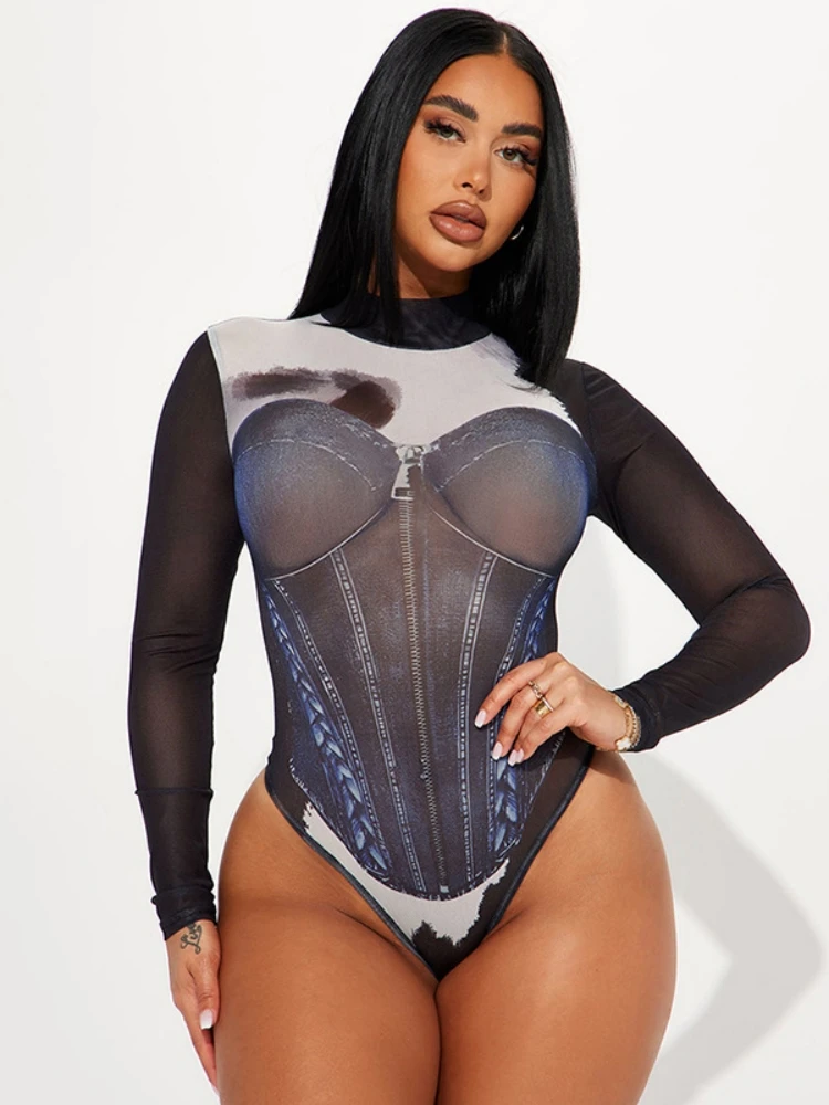 Lingerie de manga comprida de uma peça para mulheres, gaze sexy espartilho top, roupa festival, roupa Rave, impressão 3D, bodysuit