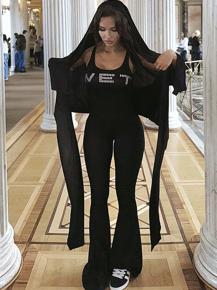 Sibybo Letter Rhinestones Black Flared Jumpsuits Women Fashion Streetwear Sleeveless Bodycon One Piece Party Rompers Overalls