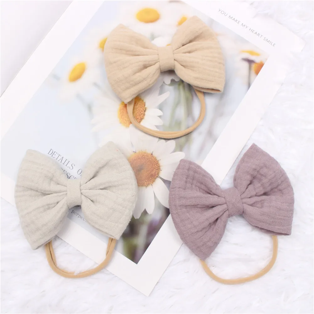 Baby Hair Accessories Head Bands Kids Girls Bow Hairband Muslin Nylon Elastic Headwear Newborn Solid Color Decoration Photo Prop