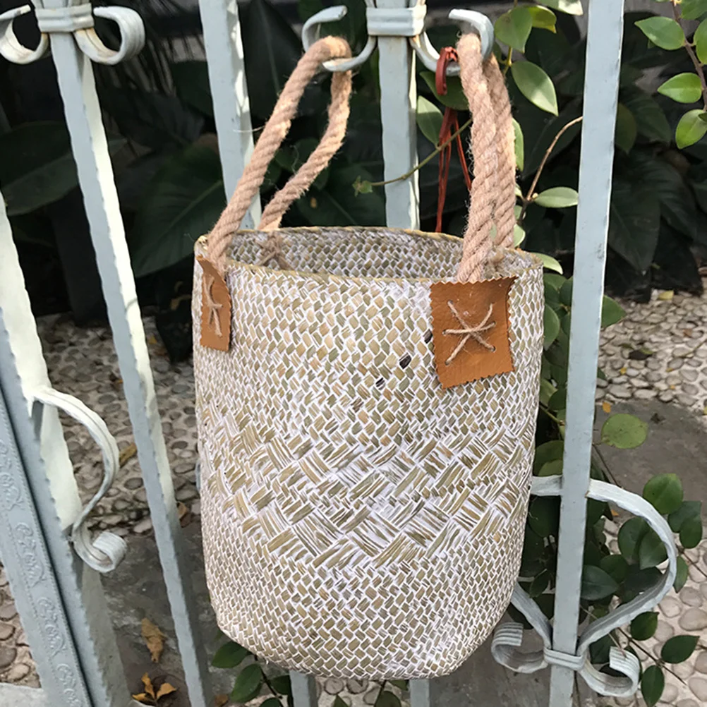 

Woven Seagrass Flower Pot Braided Basket For Plants Multi-Use Storage Organizer Laundry Beach Bag Desktop Decor White