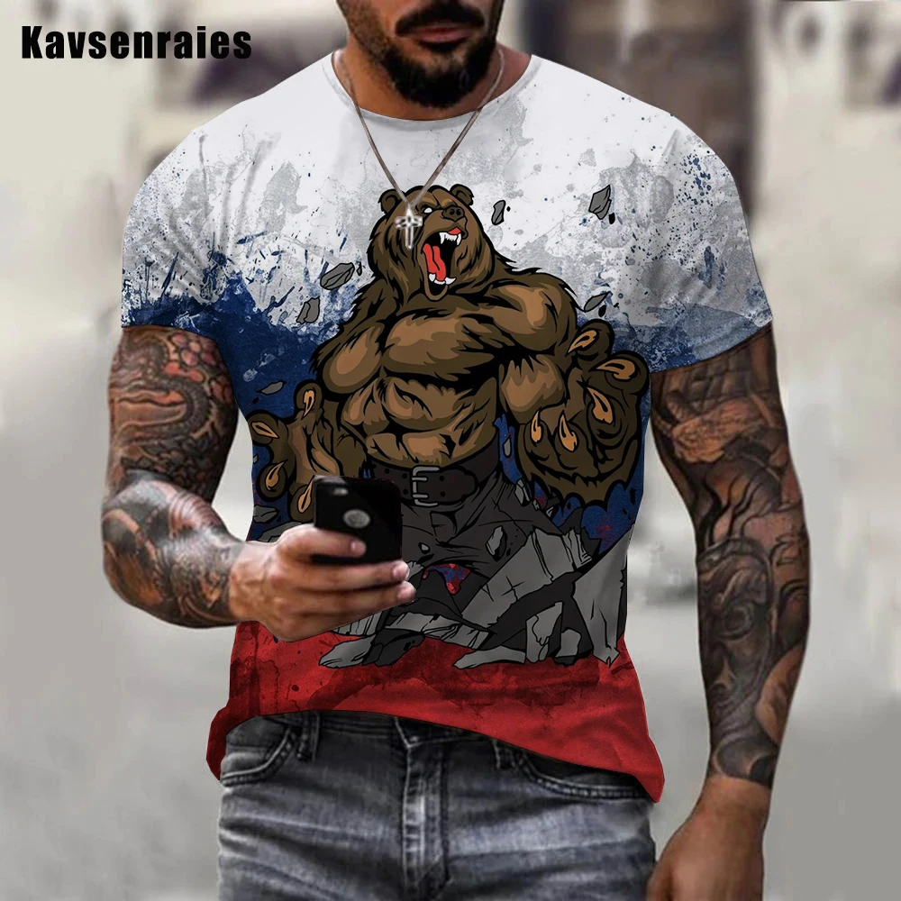 Camiseta de oso con bandera rusa para hombre y mujer, ropa de calle Harajuku de manga corta informal, Tops de gran tamaño, moda de verano