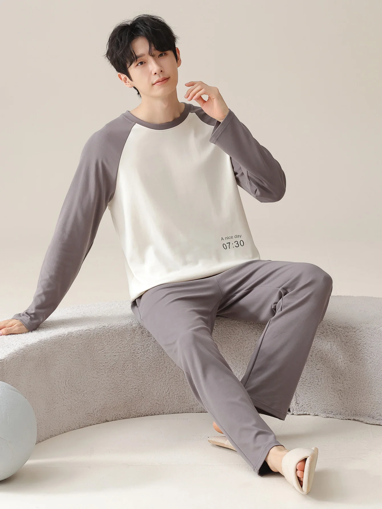 ملابس نوم رجالية 100% قطن بأكمام طويلة للفصول الأربعة مقاس كبير، طقم بدلة منزلية من القطن الخالص للمراهقين للدفء #2