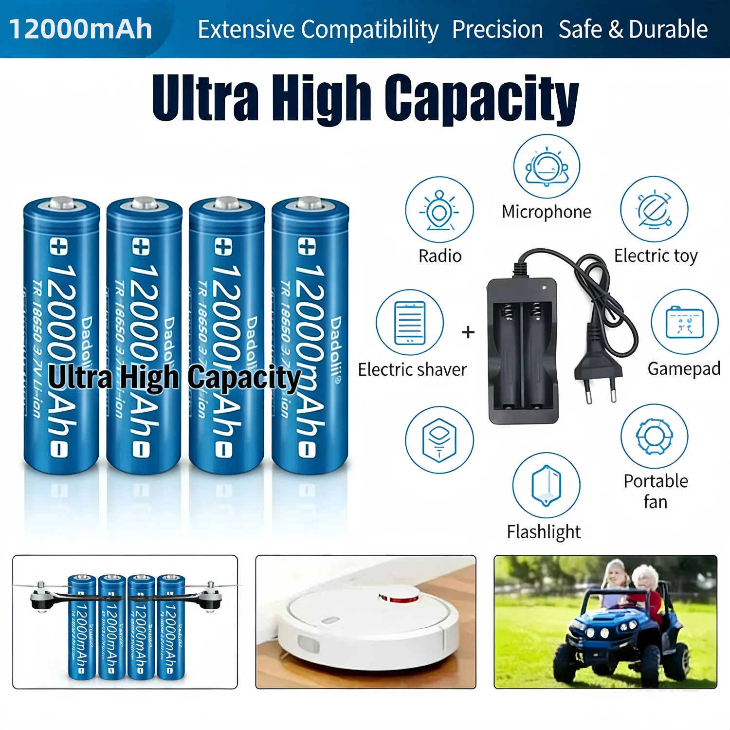

3.7V 12000mAh 18650 Rechargeable Batteries Lithium-Ion Battery with EU US Plug Charger for Flashlights Toys Cameras Electronics