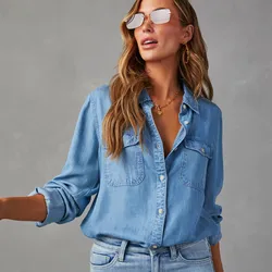 Kadın moda yaka tek göğüslü Denim gömlek rahat düz renk uzun kollu bluz gevşek yönlü banliyö gömlek Tops