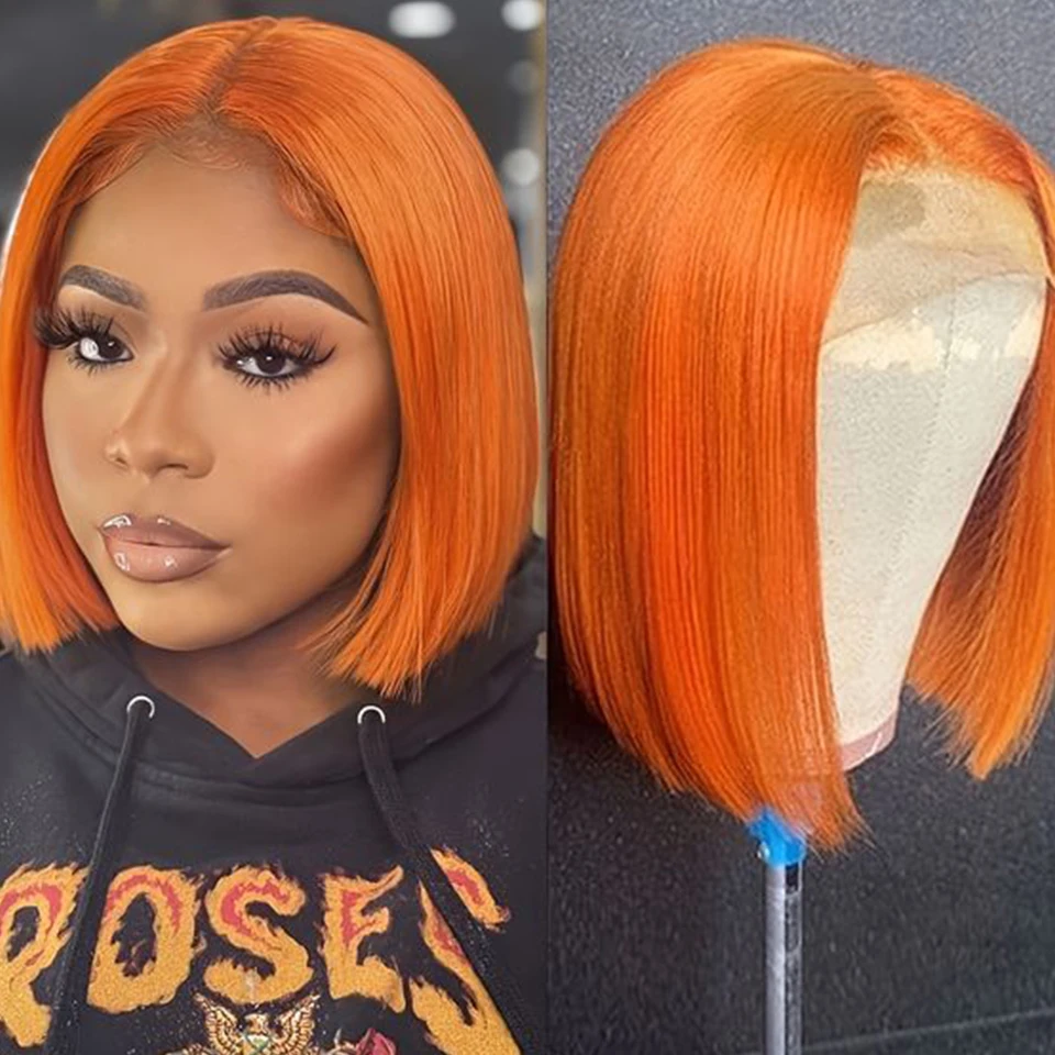 Brazilian Ginger Orange Short Bob Lace Front Wig Straight 13*6*1 T Part Lace Wig 180% Density Human Hair Wigs For Black Women