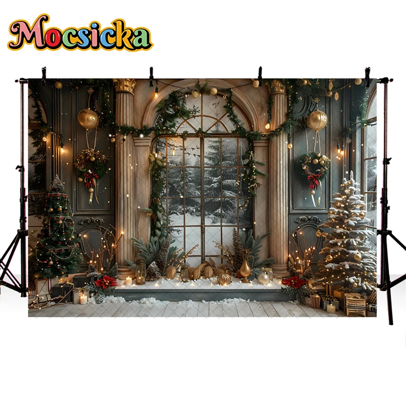 Mocsicka Indoor Christmas Window Background Photography Xmas Tree Vintage Palace Decor Kids Adult Portrait Photo Backdrop Studio