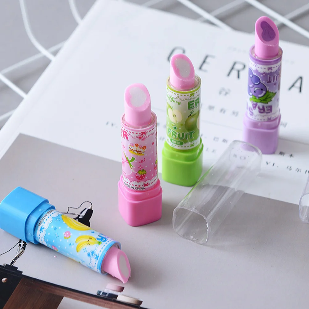10Pcs Lipstick Erasers Creative Colorful Random Pencil Erasers for Students Cartoon Fruit Pattern Stationery Gift
