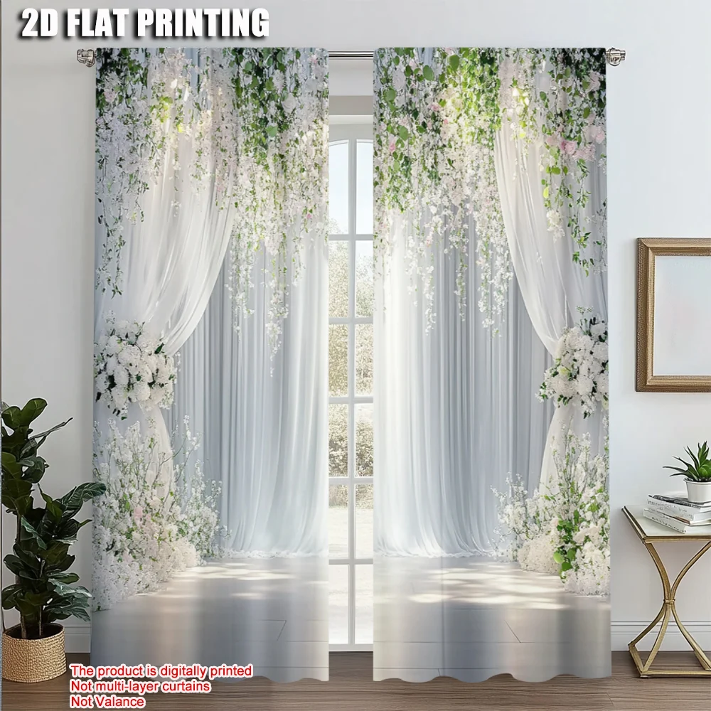 2pcs, Light Filtering Curtains 2D print Floral Rose Retro White Versatile Durable Polyester (without rod) All Seasons Perfect