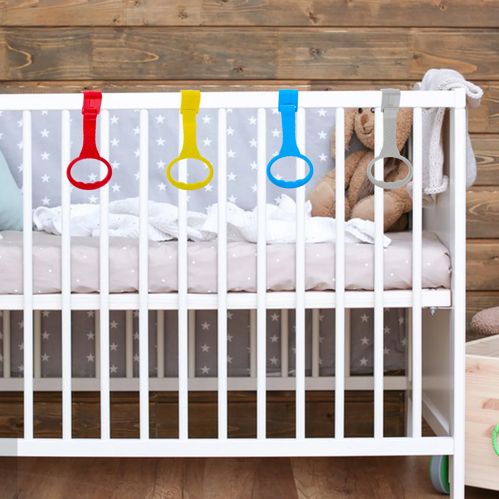 4 Pcs Baby Playpen Toys Hooks Hanging Nursery Cot Rings Toddler Training up Plastic Pull Bars Help Stand Child Bed Crib