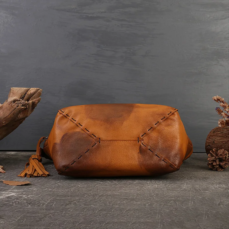 فريدة من نوعها شرابة لهجة يدويا المتعثرة جلد طبيعي المتشرد محفظة المرأة خمر حقائب كتف جلد البقر #4