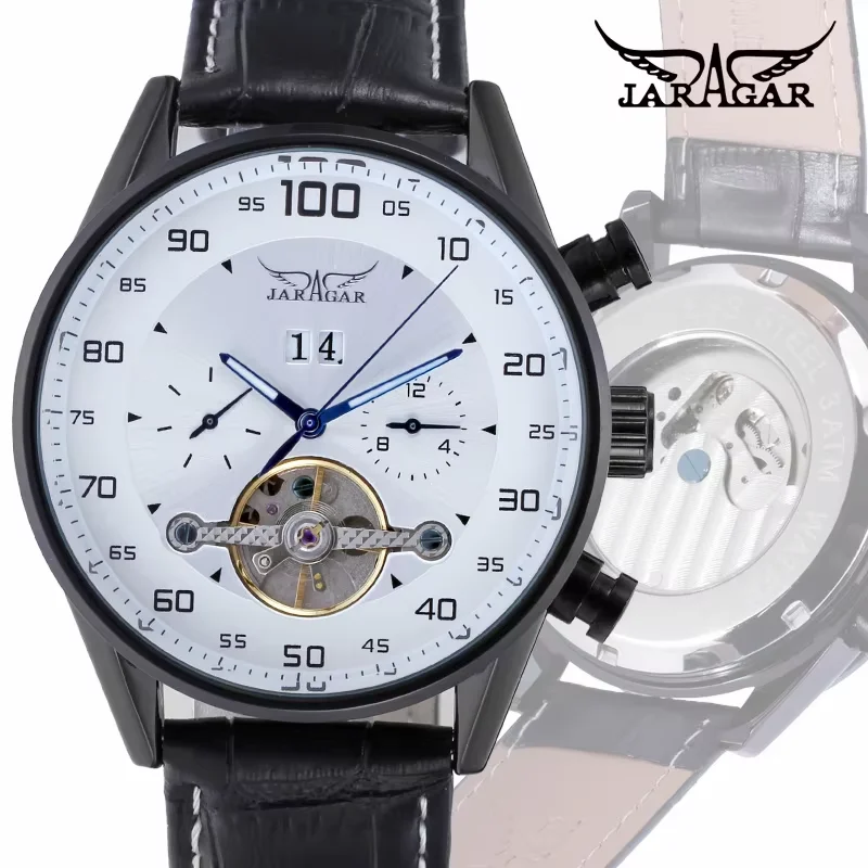 JARAGAR Trendy simple three-eye hollow dial multi-layer digital with date belt mechanical men's watch