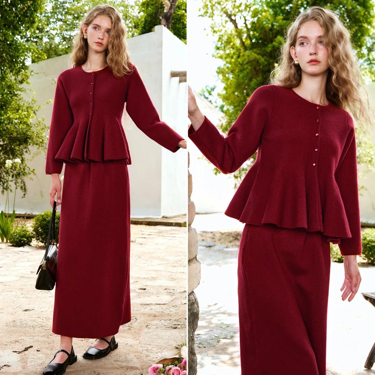 OLrain Vintage Czerwone Komplety Spódnicowe Wiosna 2025 Falbany Eleganckie Bluzki Prosta Dzianinowa Długa Spódnica Damska Nowości w Zestawach N56QE88515