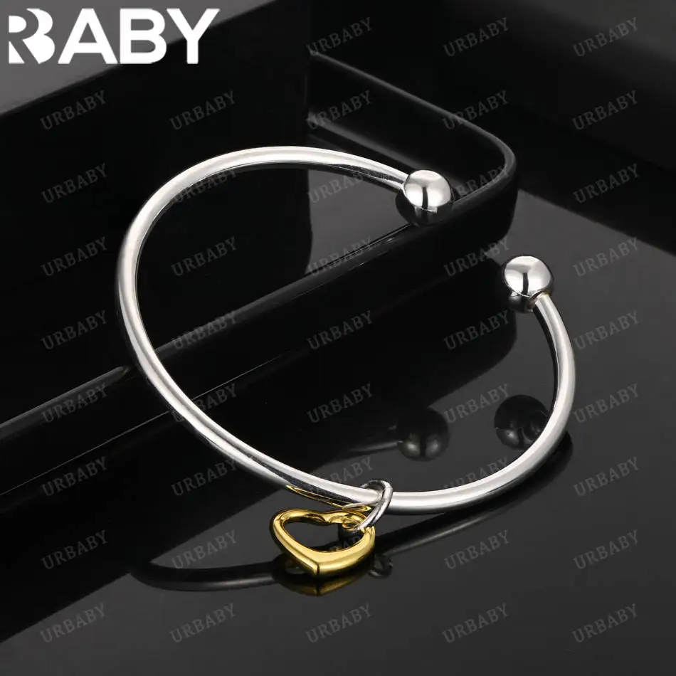 

URBABY 925 Sterling Silver Design Hearts Open Bangle For Women Charm Trend Birthday Gifts Fashion Party Fine Jewelry