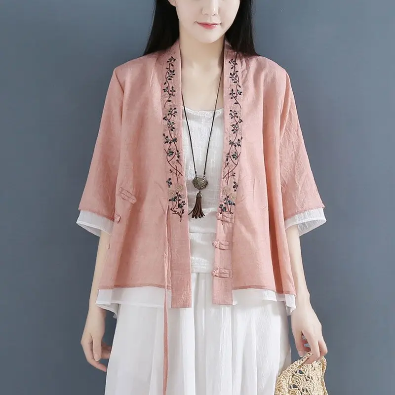 Summer New Ethnic Style Vintage Cotton and Linen Shirt Female Patchwork Fake Two Pieces Embroidered Loose Casual All-match Tops