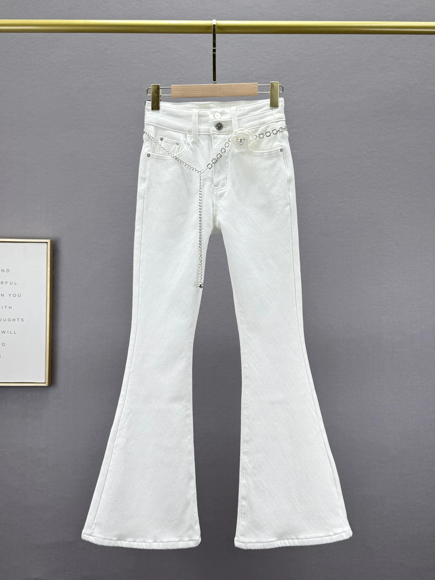 

Утепленные джинсы с высокой талией для похудения, женские длинные брюки, зимние новые белые расклешенные брюки в гонконгском стиле, хлопковые, эластичные