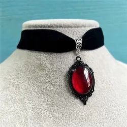 Gothic Vampire Cameo Charm Necklace Vintage Velvet Choker Women Pagan Witchcraft Jewelry Accessory Gift Blood Red Pendant Choker