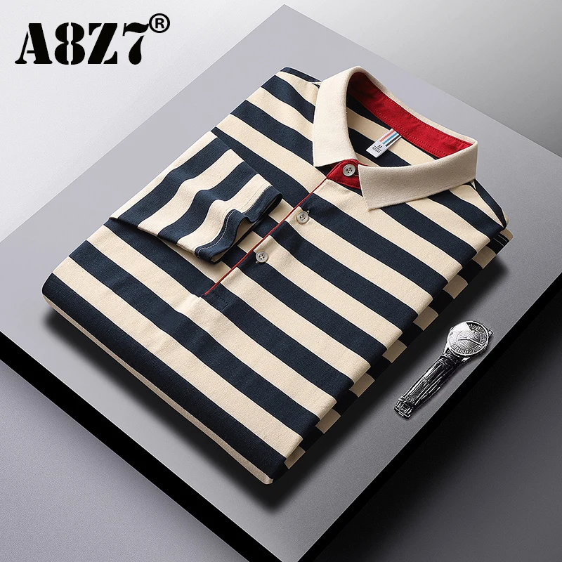 Polo da uomo autunno inverno classica a righe polo da uomo in cotone a maniche lunghe ricamata business casual primavera polo da uomo Dropshipping