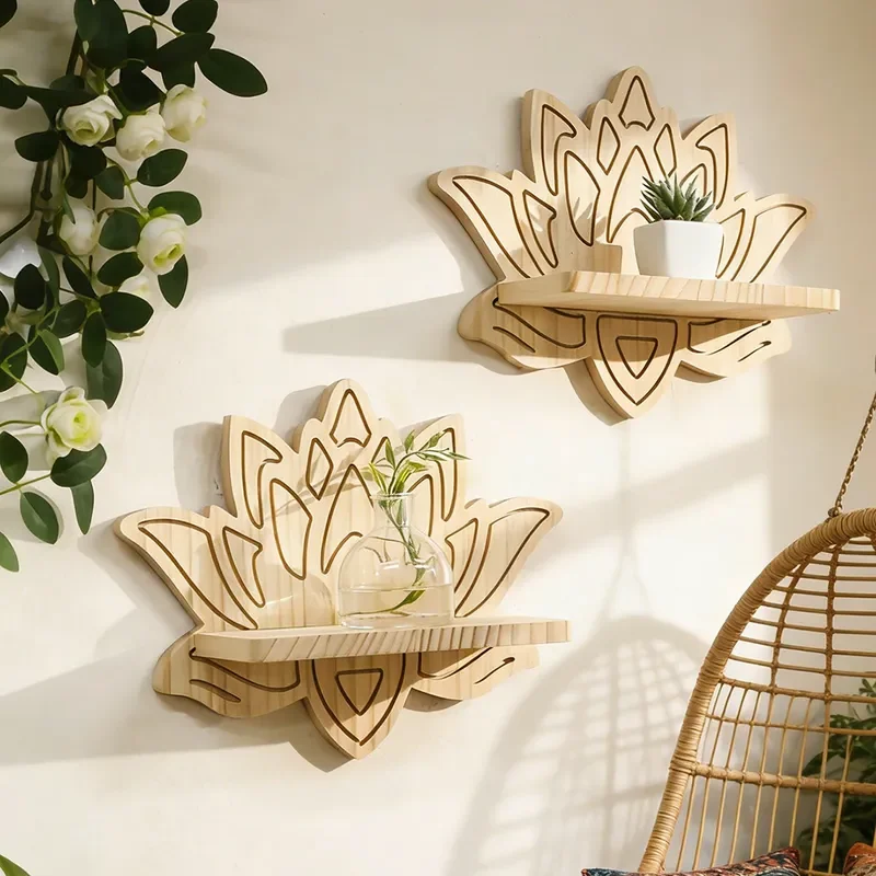 for Lotus Shape Creative Pine Wall Flower Pot Shelf Wooden Handicraft Home Decoration