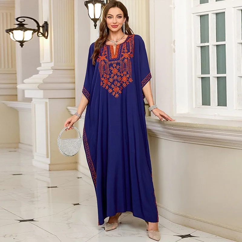 Sukienka maxi z haftem w stylu vintage z 2025 roku, seksowny dekolt w serek, rękawy nietoperzowe, wysoki stan, tunika, odzież damska, letnie sukienki plażowe.