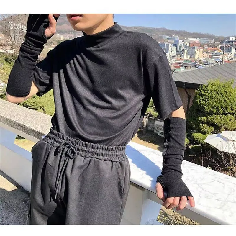 

Футболка с воротником, высокая мужская короткая повседневная мужская футболка с рукавами и женская с одинаковым винтажным модным черно-белым футболкой большого размера