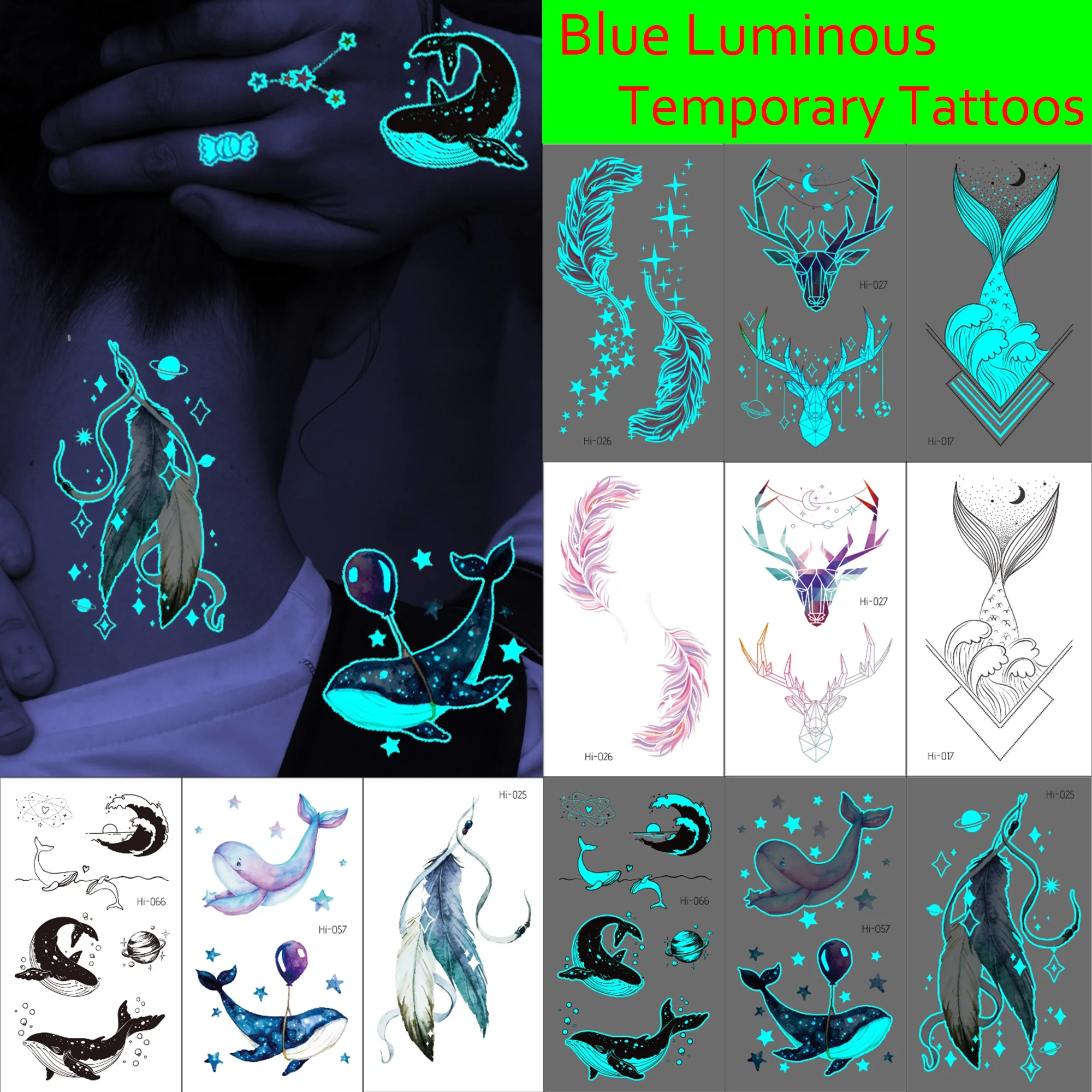 Blue Luminous Feather Whale Temporary Tattoos For Girls Glow In Dark Elk, Stars, Waves, Fake Tattoo Stickers Teens Arm Tatoos