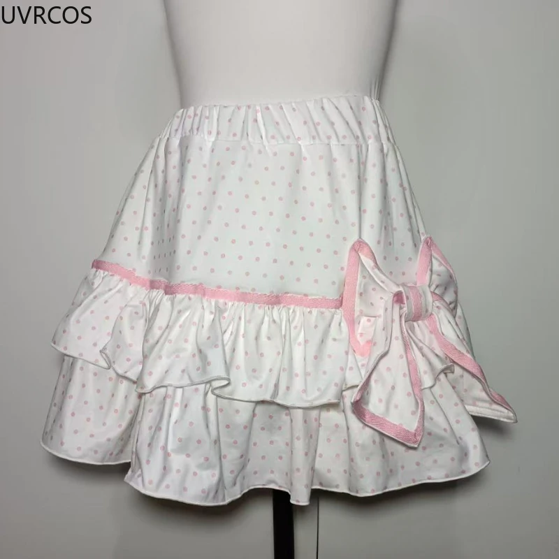 Kawaii Lolita Style Cake Mini Skirts Japanese Women Sweet Polka Dot Print Bow Pleated Skirts A-Line Y2k Short Skirt Faldas Mujer