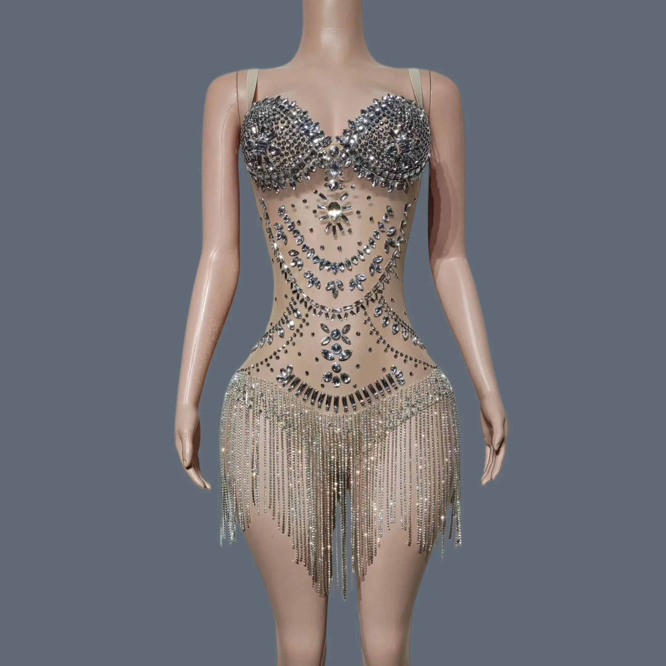 Luxury Women Rhinestone Tight Fitting Bodysuit Crystal Chain Singer Dancer Stage Performance See Through Mesh Costume Yushilian