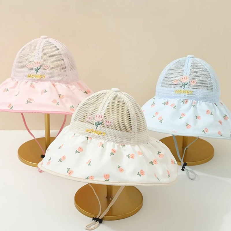 

‌ Летняя шляпа от солнца для маленьких девочек с широкими полями, воздушная сетчатая кепка-ведро с цветочным принтом для защиты ребенка на открытом воздухе, милый дизайн