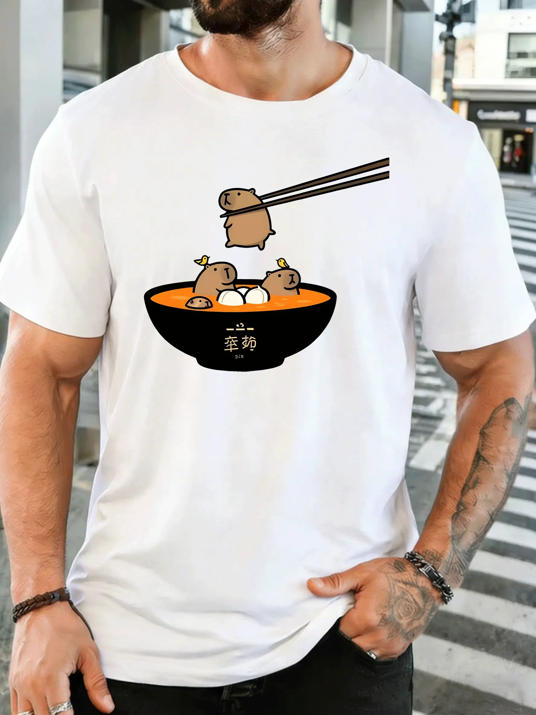 Capybara Family In Ramen Bowl Mens Front Print T Shirt Cute Animal Cartoon Graphic Tee Casual Short Sleeve Funny Pet Lover Gift