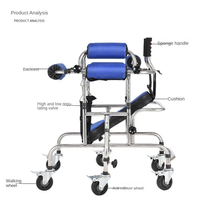 Adjustable Height Rolling Upright Walker with Seat Brakes Walking Aids Kids Lower Limb Training Standing Frame with Wheel Walker