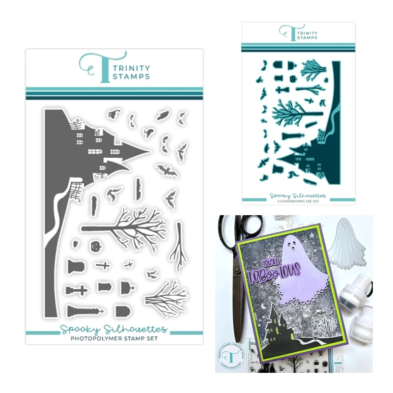 

Spooky Silhouettes Halloween New 2023 Metal Cutting Dies Scrapbooking For Paper Making Embossing Frame Card Clear Stamps Set