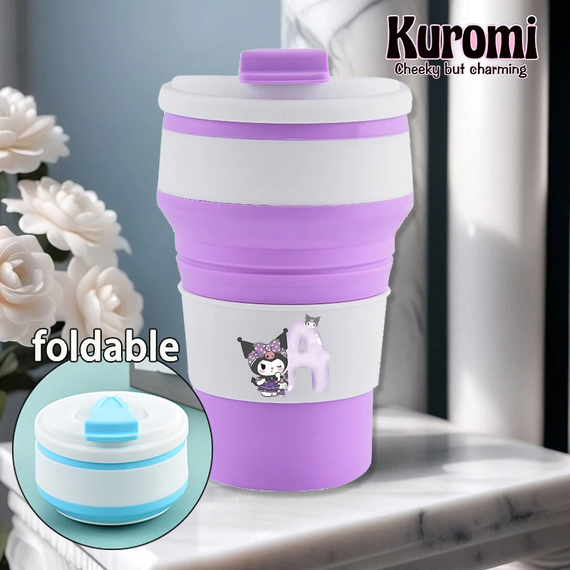 

Sanrio Kuromi Silicone Folding Cup Letter A-Z Collapsible Mug with Cover Coffee Travel Outdoors Portable Water Drinking Tea Cups