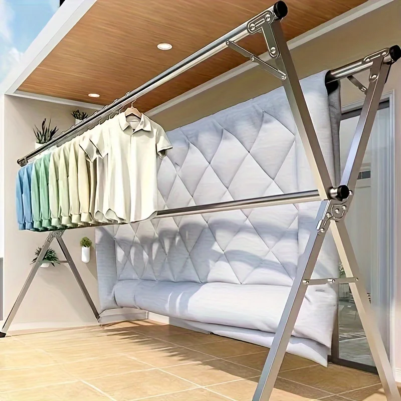 Floor Mounted Clothes Hanger,Floor-standing Clothes Drying Rack, Thickened Telescopic Folding Shelf