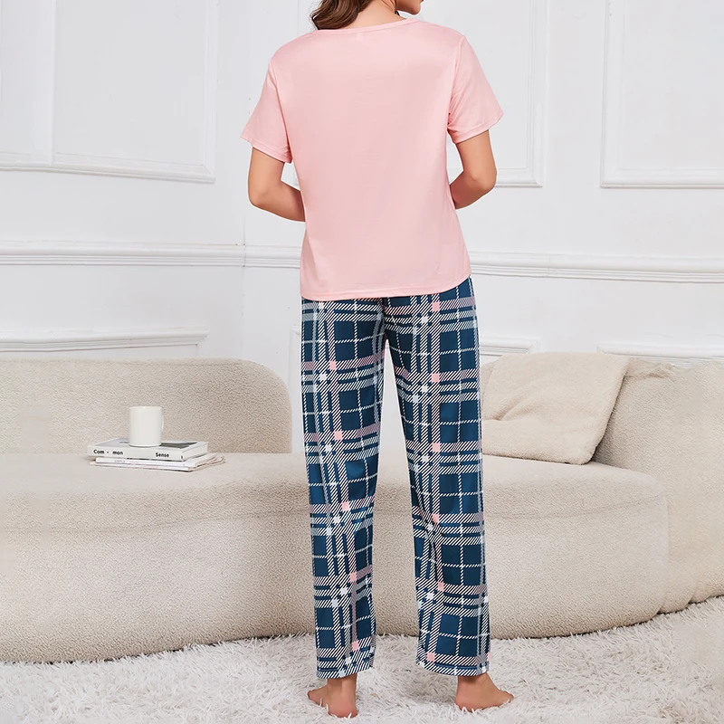 3-Piece Women\'s Checkered Printing Pajamas Set Soft & Comfy Crew Neck Tee Elastic Shorts & Lounge Pants Sleepwear Home Clothing