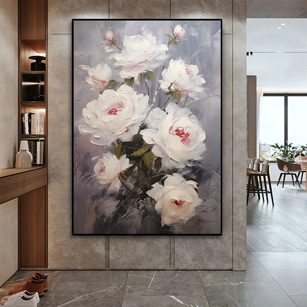 Hand Painted Oil Painting Abstract White Peony Oil Painting On Canvas Original Blooming Flower Painting Living Room Home Decor